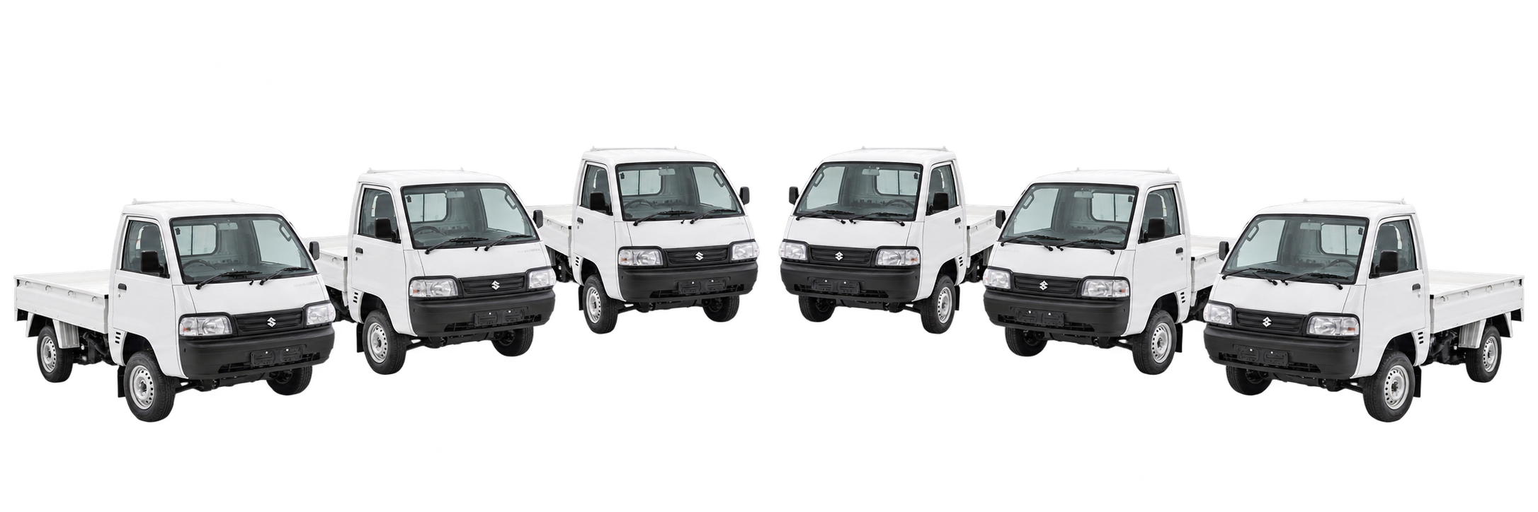 Six white Suzuki Super Carry vehicles