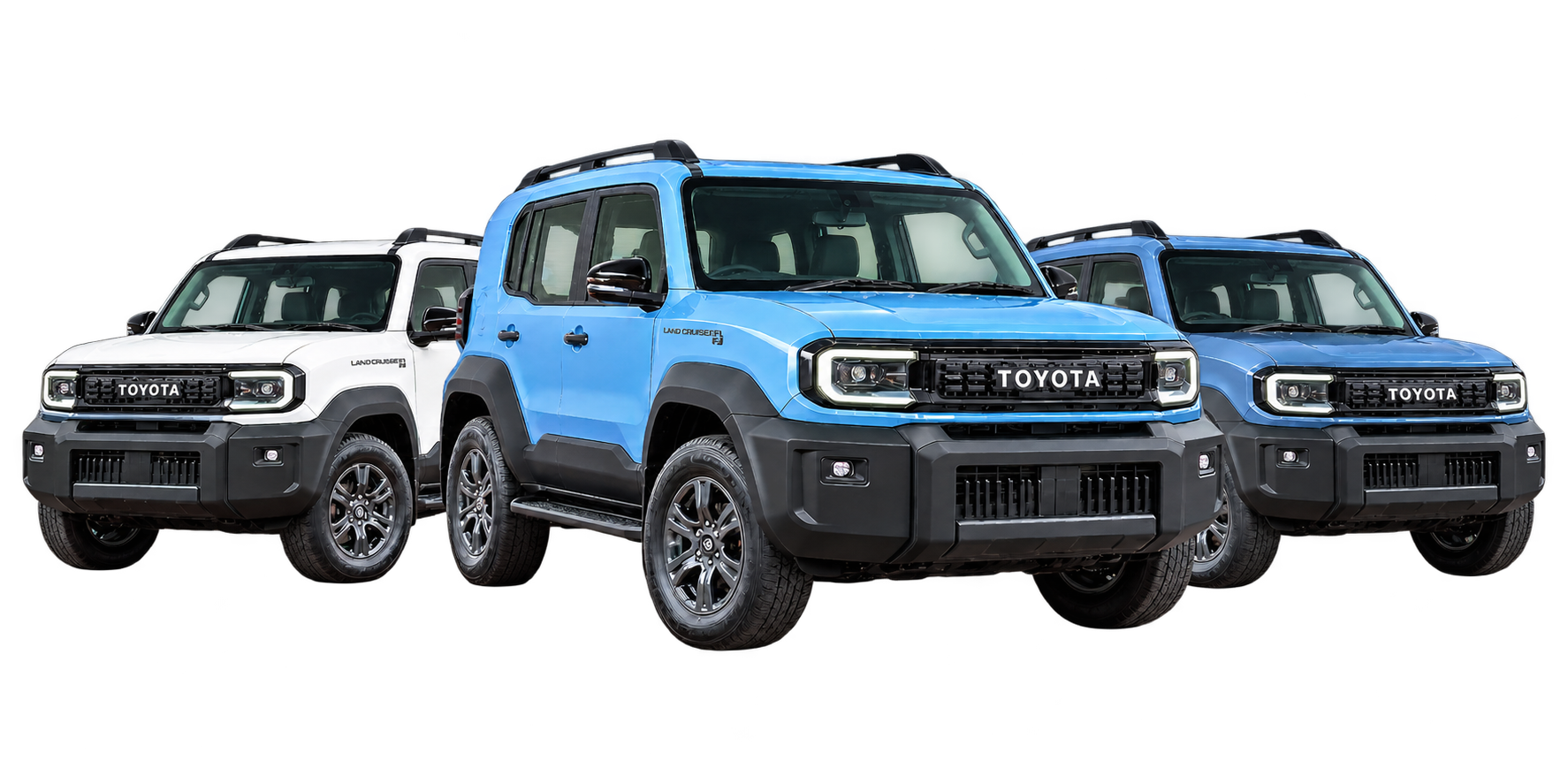 Three Toyota Land Cruiser FJs in white, light blue and dark blue
