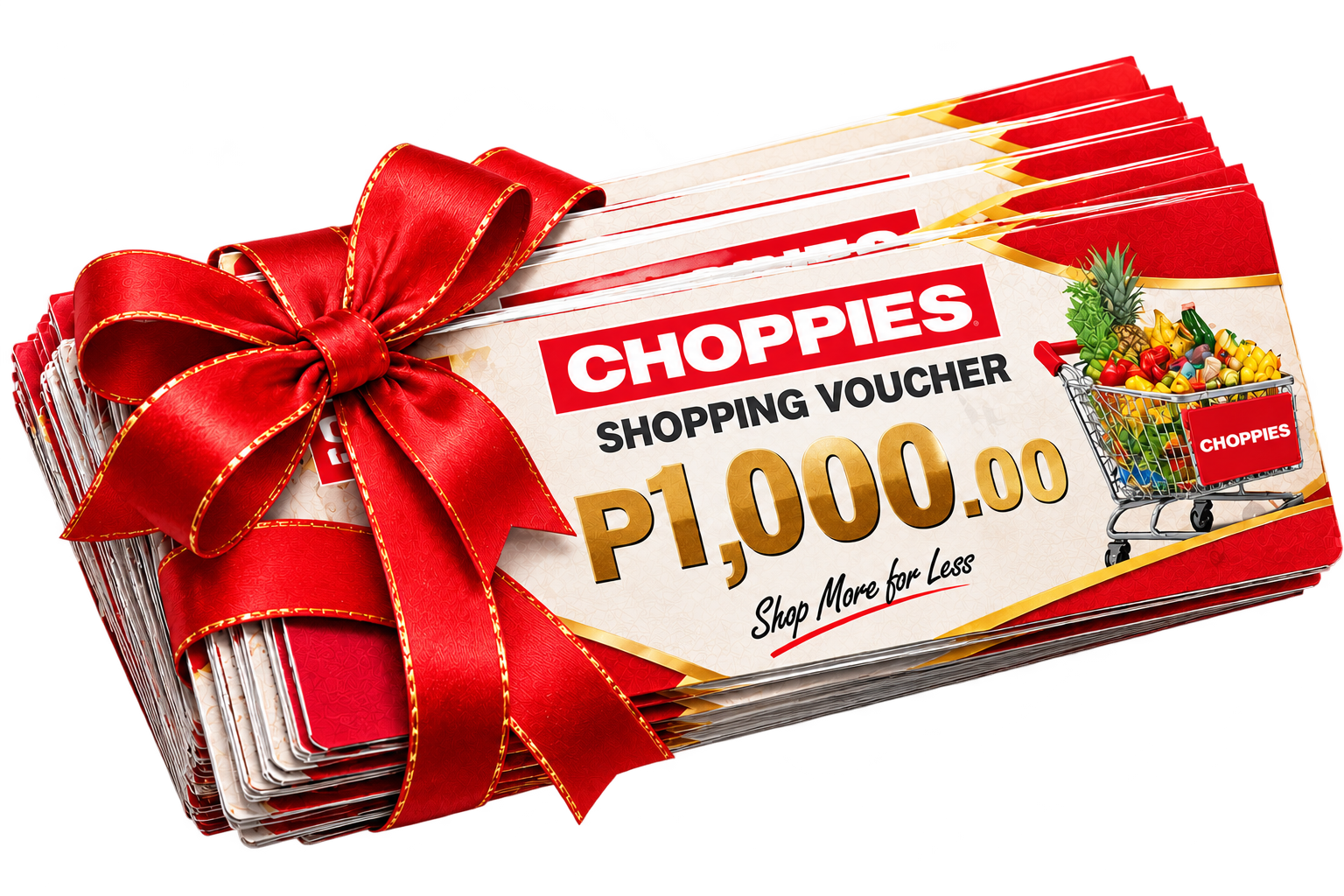 Choppies P1,000 shopping voucher bundle tied with a red gift ribbon
